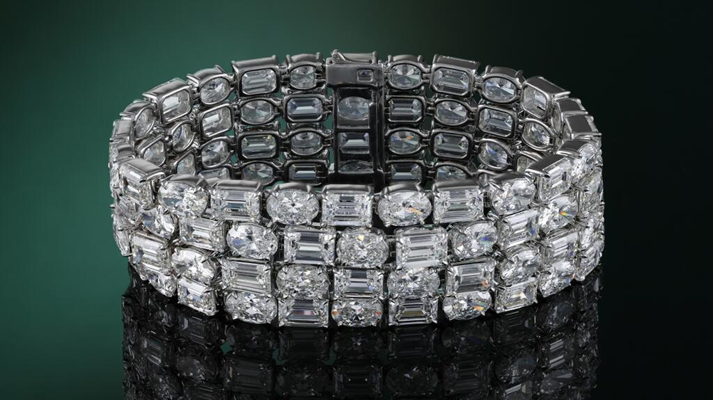 Featuring 84 total carats of alternating emerald and oval cut lab-grown diamonds set in 18-karat white gold, the four-row “Jerusalem Bracelet” is inspired by the imperfectly stacked stones that make up the Western Wall. ($89,000) Grown Brilliance lab-grown diamond Jerusalem Bracelet